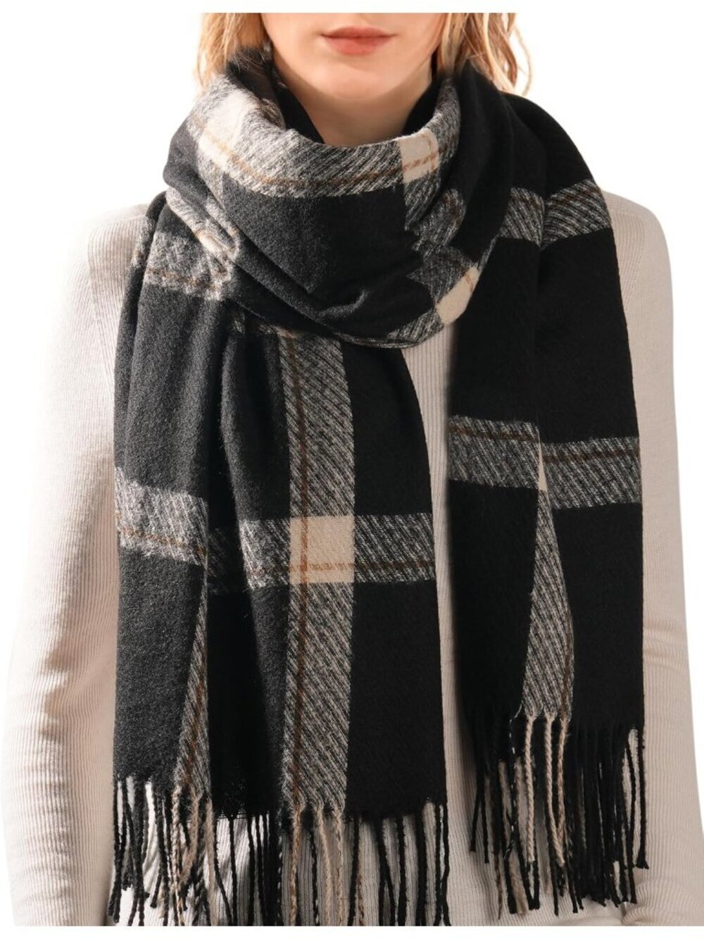 Women's Black-A Shawl Soft Tassel Plaid Large Scarves Wraps Neck Scarves